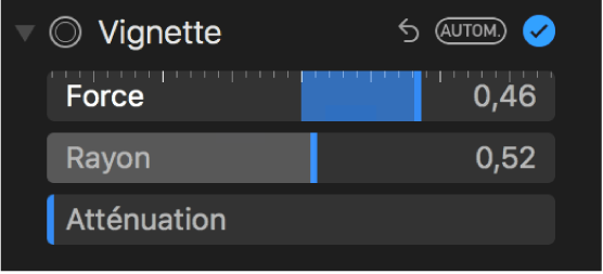 Les commandes d’effet de vignettage dans la sous-fenêtre Ajuster.