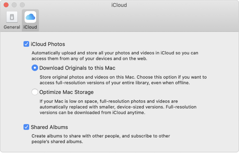 La sous-fenêtre iCloud des préférences Photos.