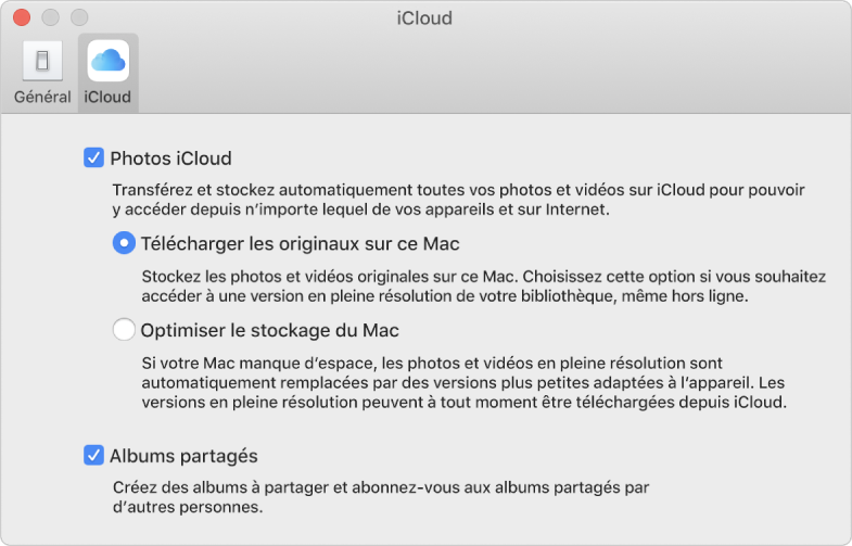 La sous-fenêtre iCloud des préférences Photos.