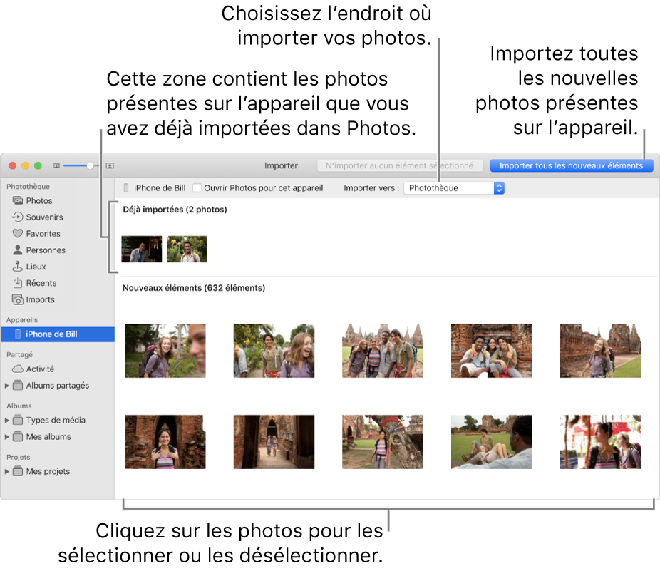 Les photos présentes sur l’appareil que vous avez déjà importées apparaissent en haut de la sous-fenêtre. Les nouvelles photos apparaissent en bas. En haut et au centre se trouve le menu local « Importer vers ». Le bouton Importer toutes les nouvelles photos se trouve en haut à droite.