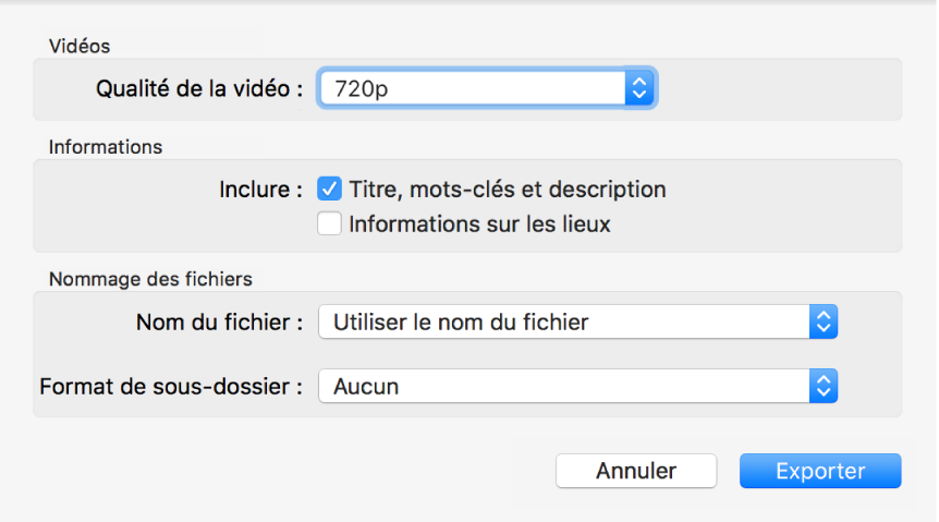 Une zone de dialogue présentant les options d’export de vidéos.