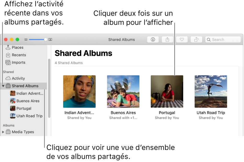 La sous-fenêtre Albums partagés de la fenêtre Photos, affichant les albums partagés.