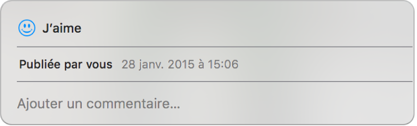 Une fenêtre affichant les options « J’aime » et « Commentaire » pour une photo partagée.
