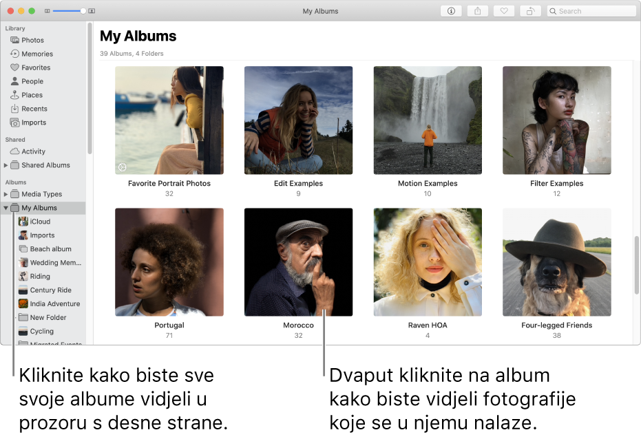 Prozor aplikacije Foto s opcijom Moji albumi odabranom u rubnom stupcu te albumima koje ste izradili prikazanim u prozoru na desnoj strani.