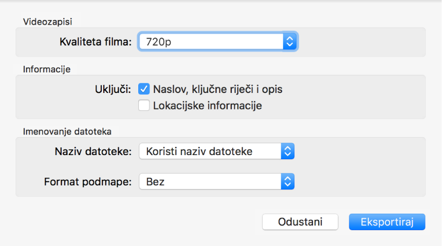 Dijalog s prikazom opcija za eksportiranje video isječaka.
