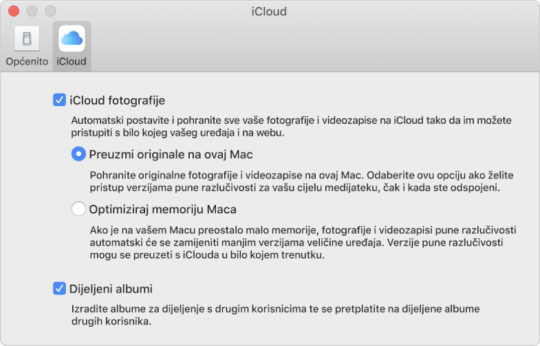 Prozor iCloud za postavke aplikacije Foto.