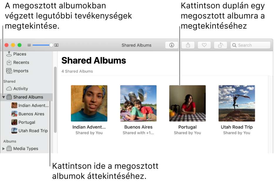 A Fotók ablakának Megosztott panele a Megosztott albumokkal.