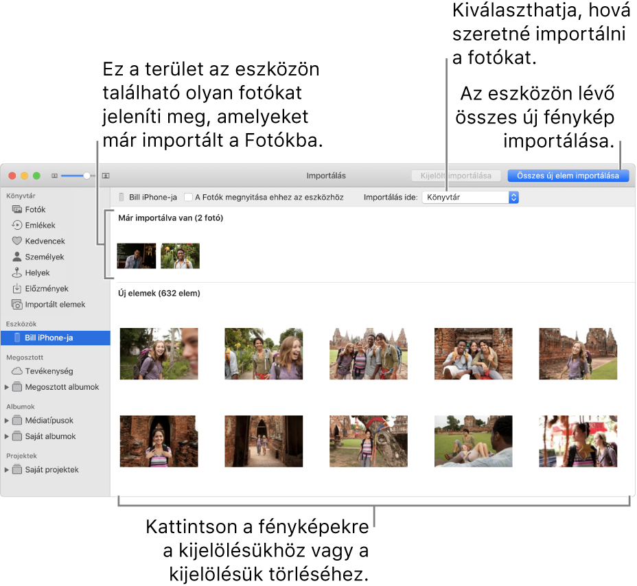Az eszközön lévő, már importált fotók a panel tetején jelennek meg; az új fotók az alján. Fent középen található az Importálás ide felugró menü. Az Összes új fotó importálása gomb jobb oldalon fent található.