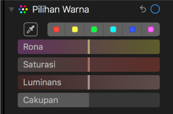 Kontrol Pilihan Warna menampilkan penggeser Rona, Saturasi, Luminans, dan Cakupan.