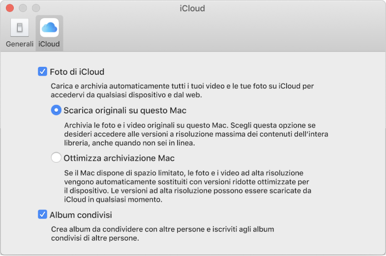 Il pannello iCloud delle preferenze di Foto.