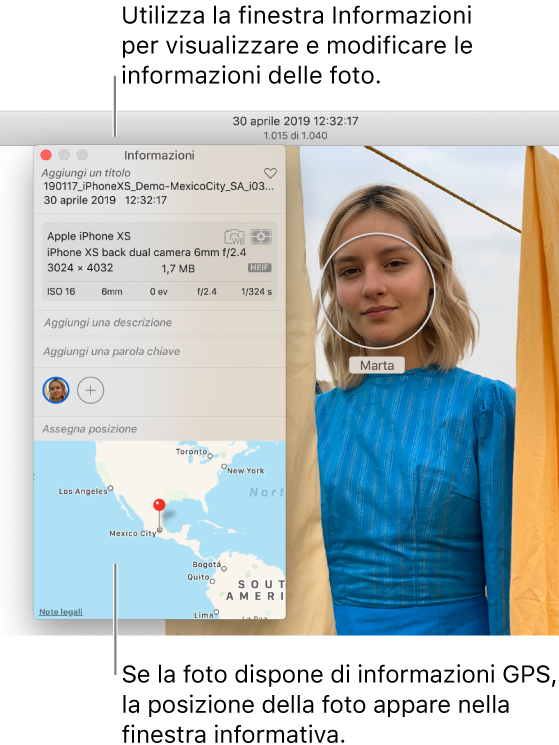 La finestra Informazioni di una foto.