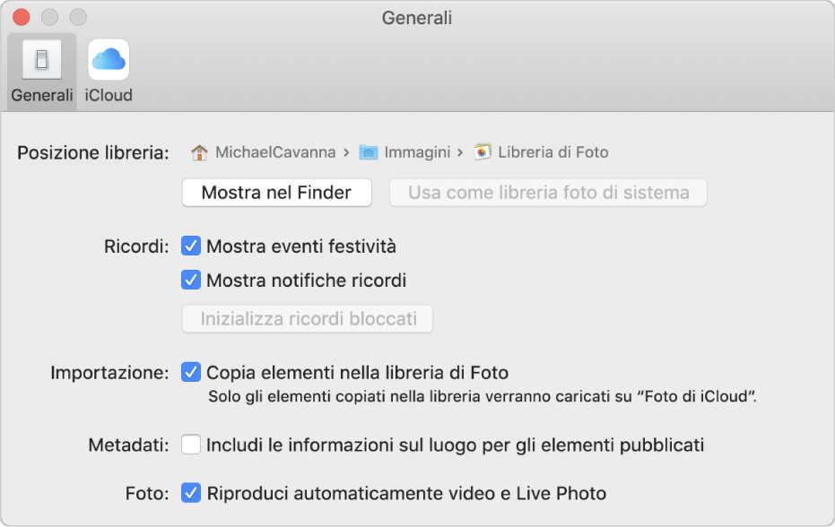 Il pannello Generale delle preferenze di Foto.