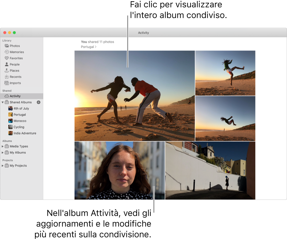 La finestra di Foto con l’album Attività visualizzato.