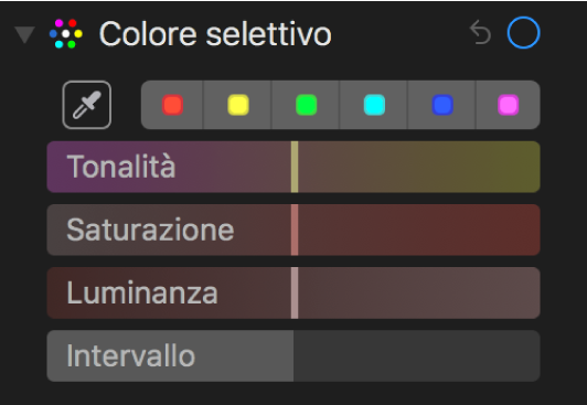 I controlli di “Colore selettivo” con i cursori Tonalità, Saturazione, Luminanza e Intervallo.