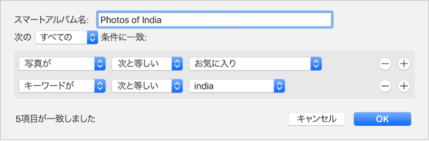 スマートアルバムの条件が表示されているダイアログ。