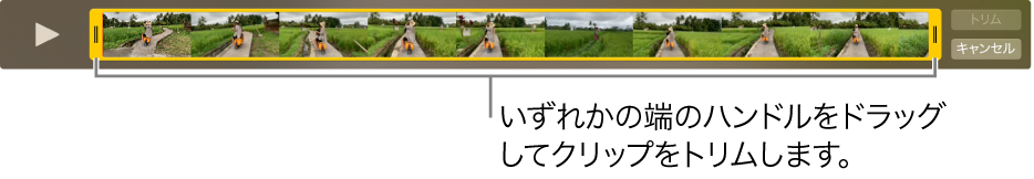 ビデオクリップに表示された黄色いトリムハンドル。