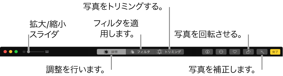 「編集」ツールバー。調整、フィルタの追加、および写真のトリミングのオプションを表示するためのボタンが表示されています。