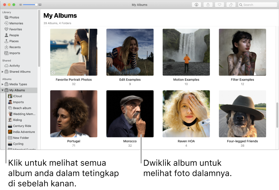 Tetingkap Foto dengan Album Saya dipilih dalam bar sisi dan album yang anda cipta dipaparkan dalam tetingkap di sebelah kanan.