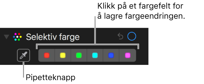 Selektiv farge-kontroller som viser Pipette-knappen og fargefelt.