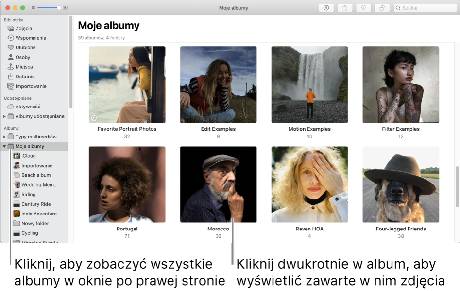 Okno aplikacji Zdjęcia z zaznaczonym na pasku bocznym albumem Moje albumy oraz utworzonymi albumami w oknie po prawej stronie.