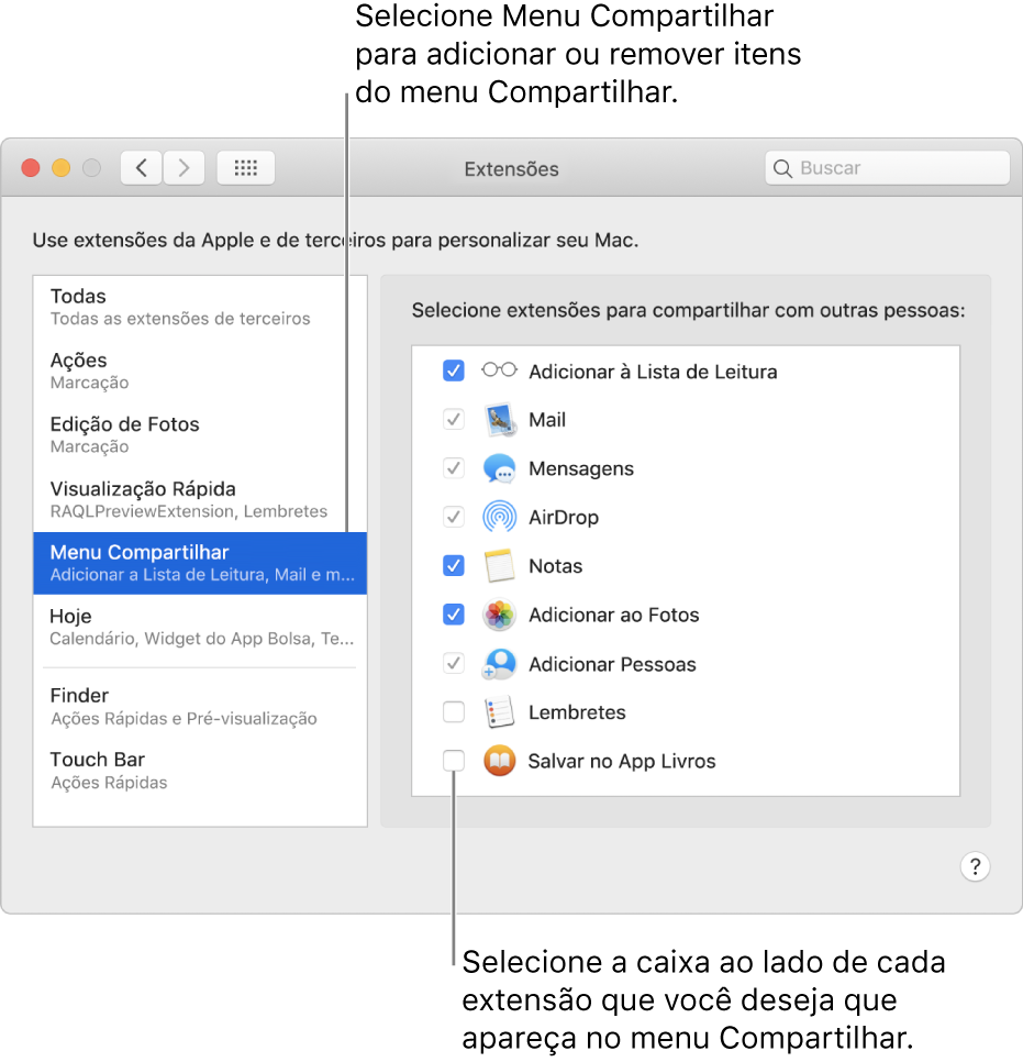 O painel Extensões das Preferências do Sistema, mostrando o menu Compartilhar selecionado e uma lista de extensões de terceiros à direita.