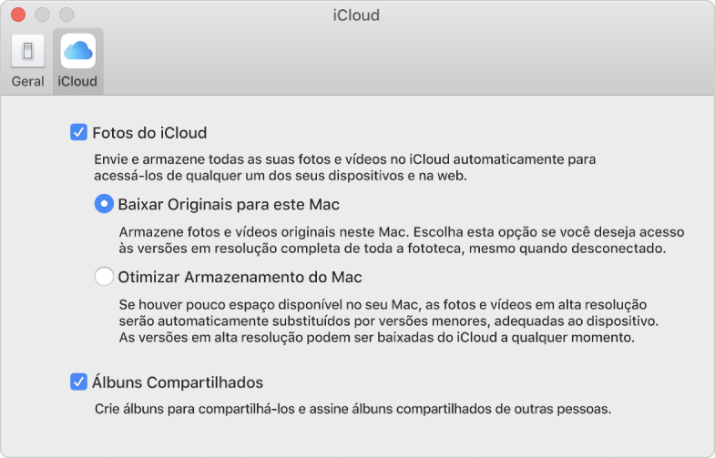 O painel iCloud das preferências do Fotos.