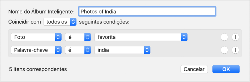 Uma caixa de diálogo mostrando os critérios para um Álbum Inteligente.