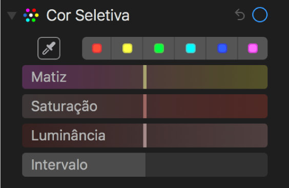 Os controles de Cor Seletiva exibindo os controles Matiz, Saturação, Luminância e Intervalo.