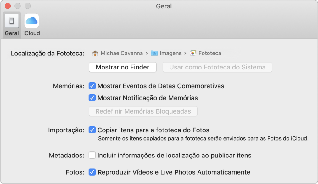 O painel Geral das preferências do Fotos.
