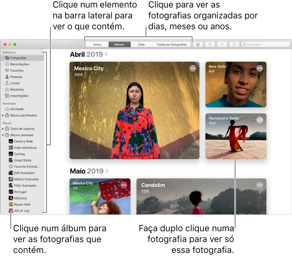 A janela de Fotografias a mostrar fotografias organizadas por mês.