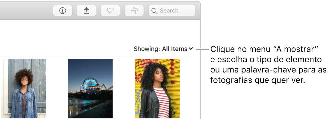 O menu pop-up “A mostrar” definido para mostrar todos os elementos.