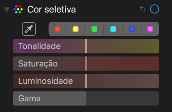 Os controlos de cor seletiva com os niveladores de tonalidade, saturação, luminosidade e gama.