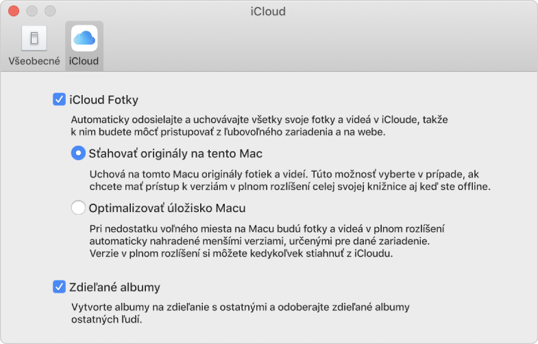 Panel iCloud v nastaveniach aplikácie Fotky.
