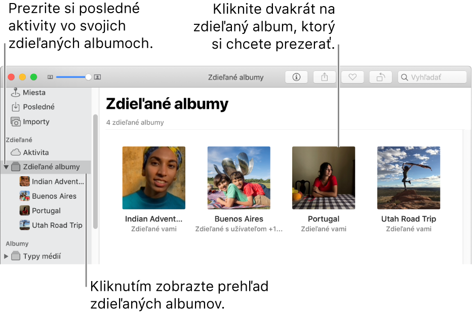 Panel Zdieľané albumy v okne aplikácie Fotky zobrazujúci zdieľané albumy.