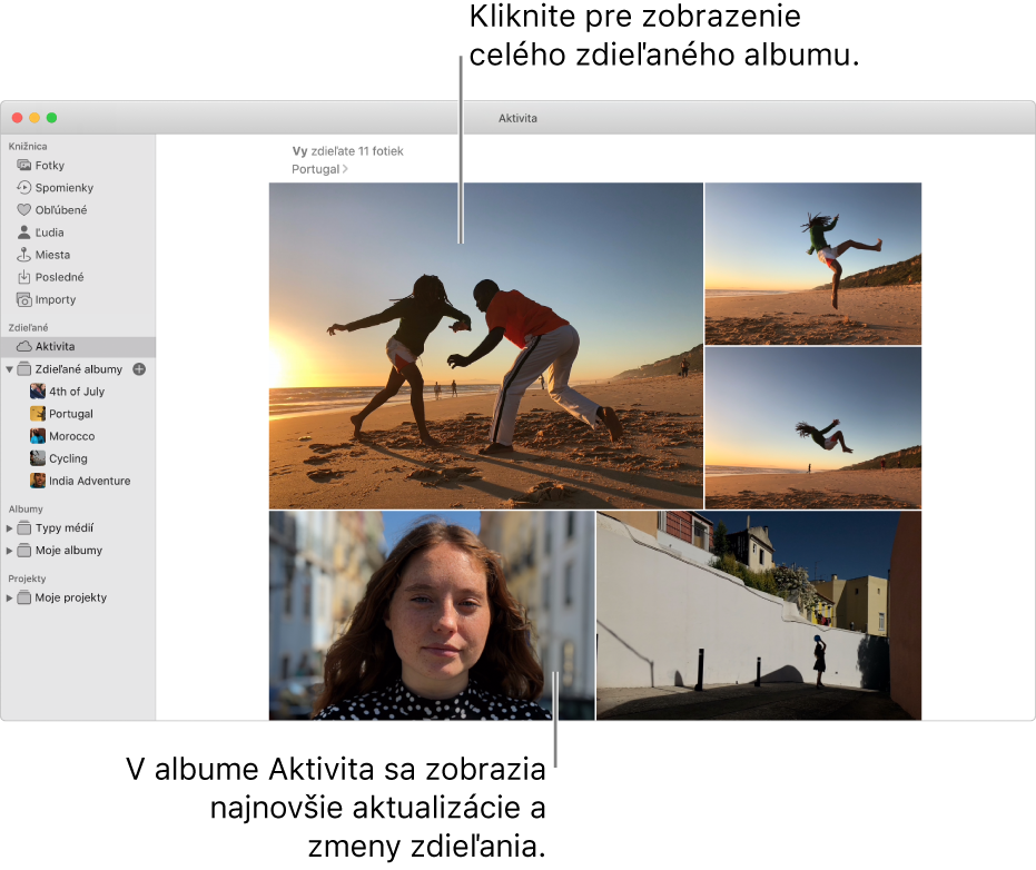 Okno aplikácie Fotky so zobrazeným albumom Aktivita.