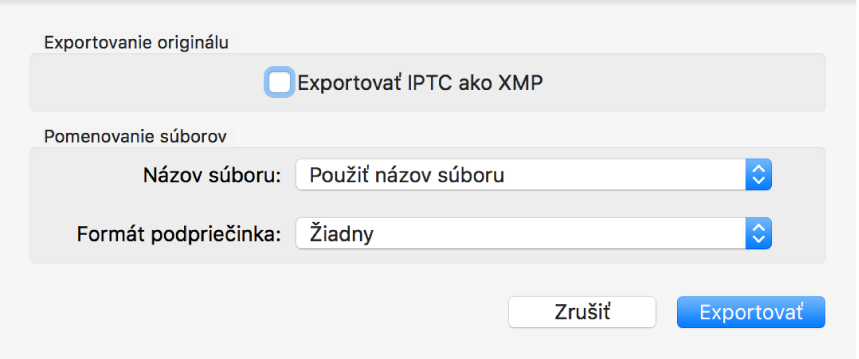 Dialógové okno zobrazujúce možnosti pre exportovanie súborov fotiek v pôvodnom formáte.