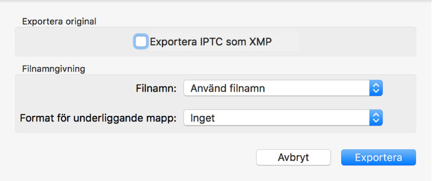 En dialogruta som visar alternativ för att exportera bildfiler i ursprungsformat.