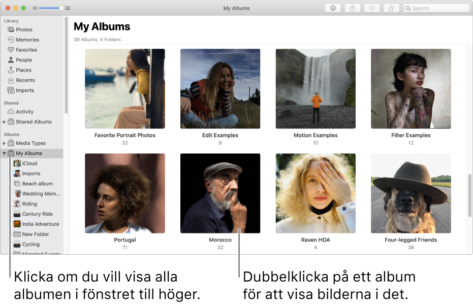 Bilder-fönster med Mina album markerat i sidofältet. De album du har skapat visas i fönstret till höger.