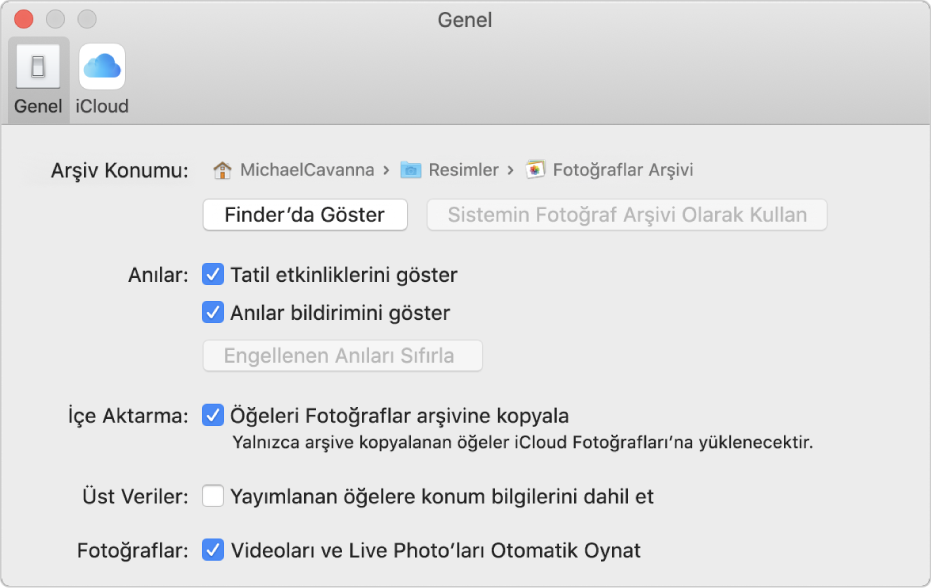 Fotoğraflar tercihler penceresinin Genel bölümü.