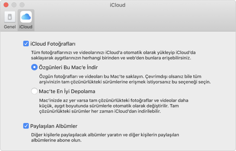 Fotoğraflar tercihler penceresinin iCloud bölümü.