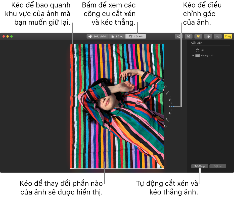 Ảnh trong chế độ sửa đang hiển thị các tùy chọn cắt xén và kéo thẳng.