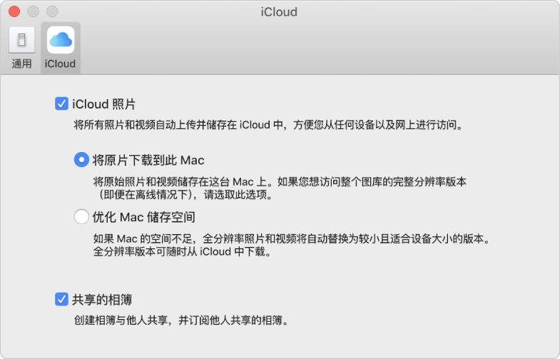 “照片”偏好设置的 iCloud 面板。