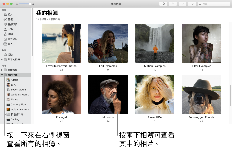 「相片」視窗的側邊欄中選取了「我的相簿」，你已製作的相簿會顯示在右側的視窗中。