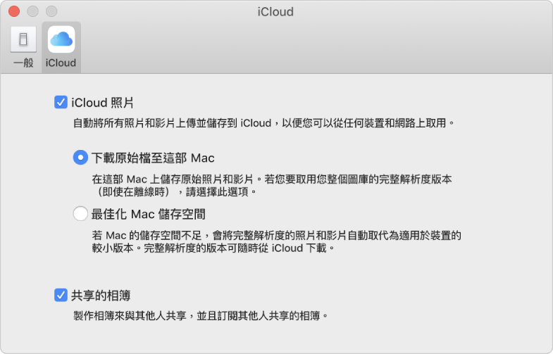 「照片」偏好設定的 iCloud 面板。