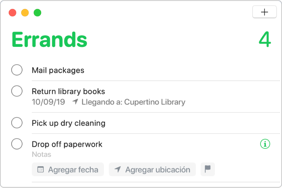 Una lista de recordatorios mostrando un recordatorio seleccionado con campos para ingresar la fecha, la ubicación y un indicador.
