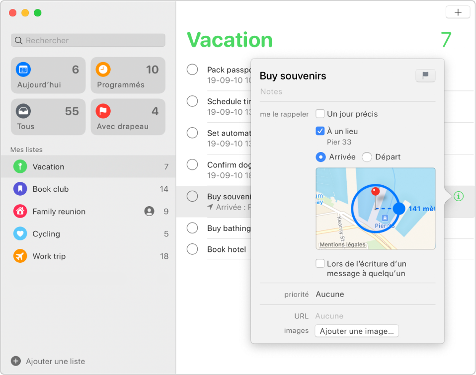 Fenêtre de détails de rappel affichant la configuration d’une notification pour un lieu.