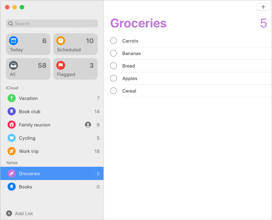 Fenêtre Rappels, avec des rappels provenant de comptes iCloud et Yahoo.