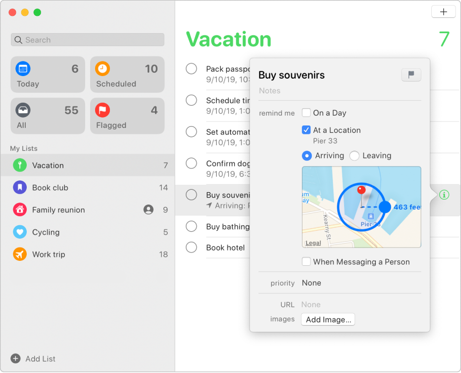 Une fenêtre de détails de rappel avec une notification configurée pour un lieu.