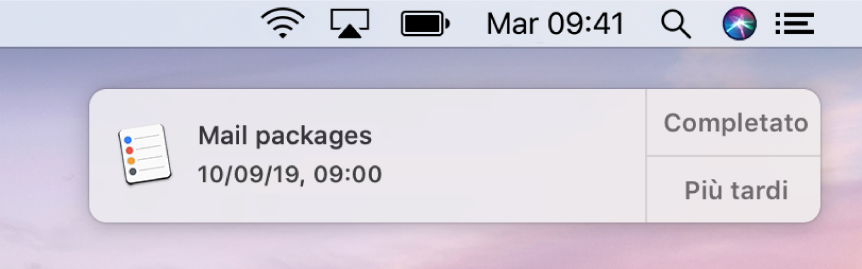 Una notifica di Promemoria con i pulsanti Completato e Ritarda.