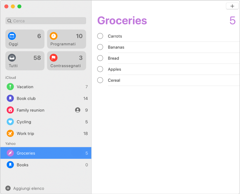 La finestra Promemoria, che mostra promemoria degli account iCloud e Yahoo.
